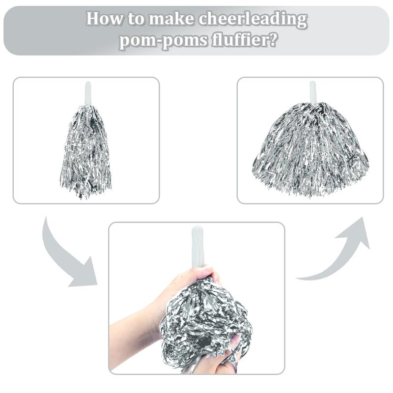 CUGBO 24Pcs Cheerleading Pom Poms, 1 Dozen Handle Metallic Foil Flower Ribbons Cheerleader Pompoms, Kids Children Ball Dance Sports Coaches Game Party Fancy (Silver) - Image 4